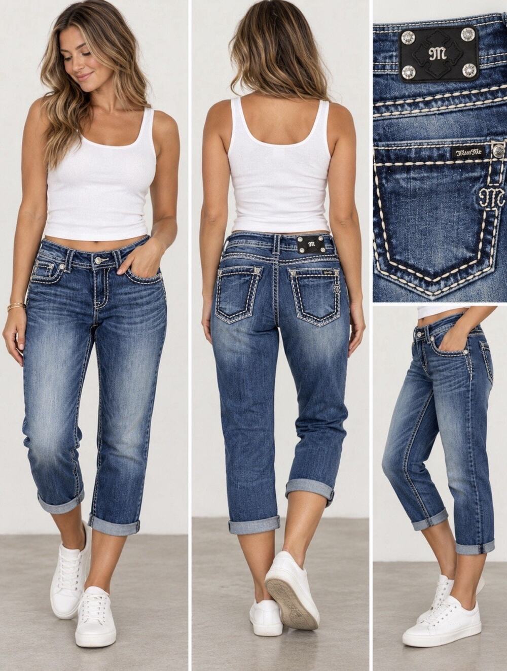 Miss Me Women’s Size 28 Boyfriend Capri Jeans Y2K Thick Stitch Medium Wash
